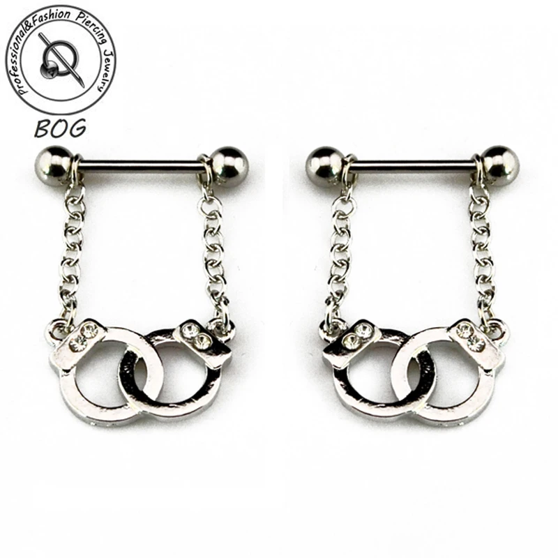 BOG Pair Nipple Piercing Rings With Handcuffs Gun Dangle Body Piercing