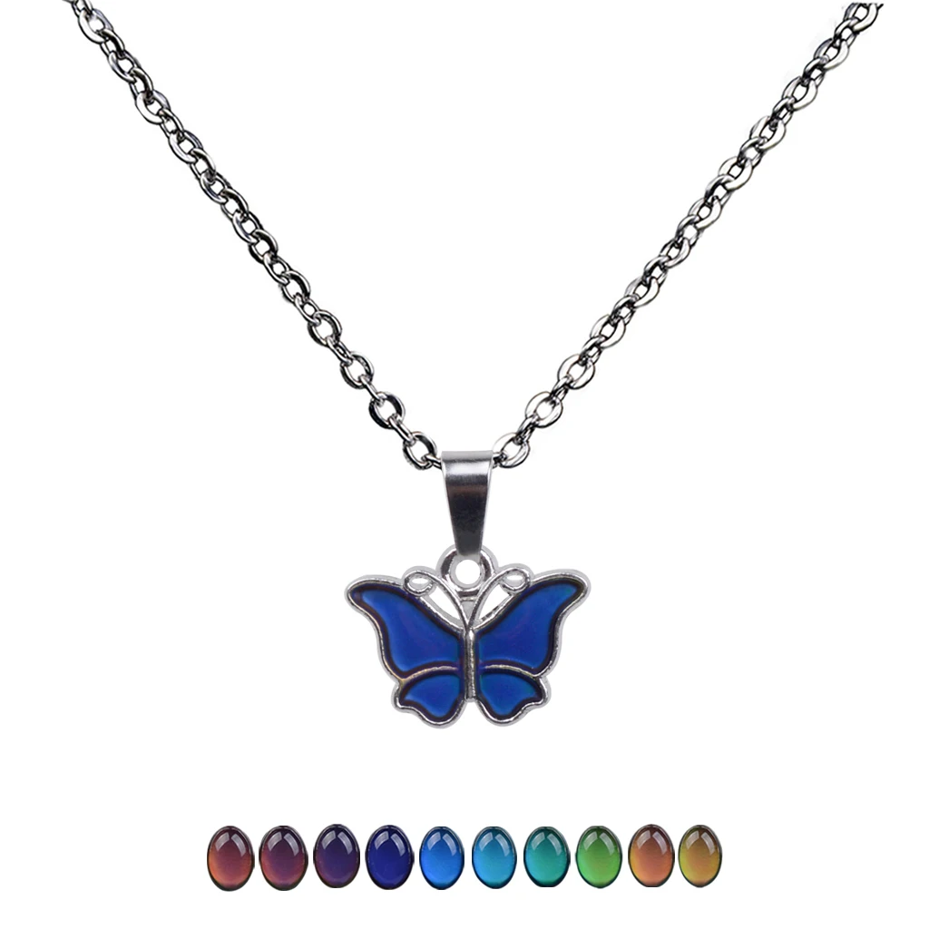 2 Pieces/Pack Mini Butterfly Turtle Pendant Color Change Emotion Mood Lady Mens Long Chain Necklace