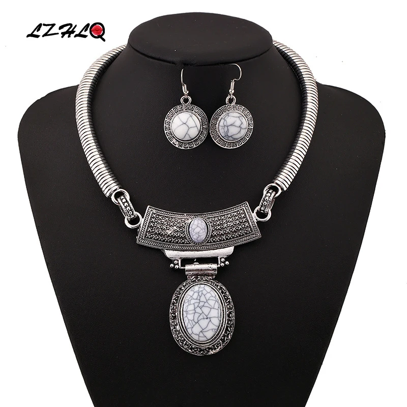 

Vintage Carved Oval Choker Statement Necklace Set Women 3Colors Zinc Alloy Jewelry Trendy Collares Collier