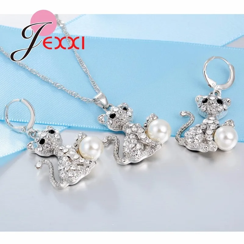 Прекрасный полный ААА Африканский кристалл кошка кулон цепочки и ожерелья + серьги наборы для ухода за кожей 925 пробы серебряный жемчуг