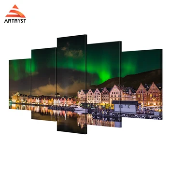 

Artryst HD Print Modern Northern Lights Landscape Paintings and Posters 5 Canvas Paintings with Frames for Living Room Wall Art