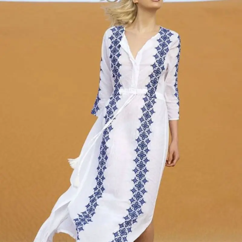 

Women Sexy Deep V-Neck Swimsuit Cover Up Tassels Drawstring High Waist Beach Maxi Dress Vintage Floral Stripes Printed Maxi Robe