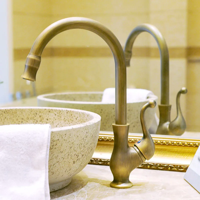 

Antique Kitchen Faucets Bronze Brushed Basin Faucet Single Handle Single Hole Sink Mixer Hot Cold 360 Rotata Deck Mounted