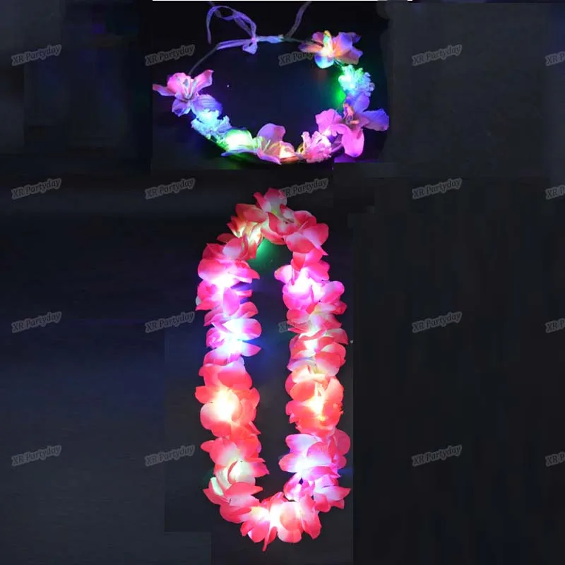 

Hawaii Luau Party LED Glow Flower Neck Lei Headband Hula Garland Wreath Women Girl Glow Head Wear Wedding Christmas Halloween