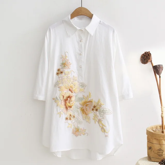 2017 Women Cotton Linen Flower Flora Embroidery Shirt Spring Autumn ...