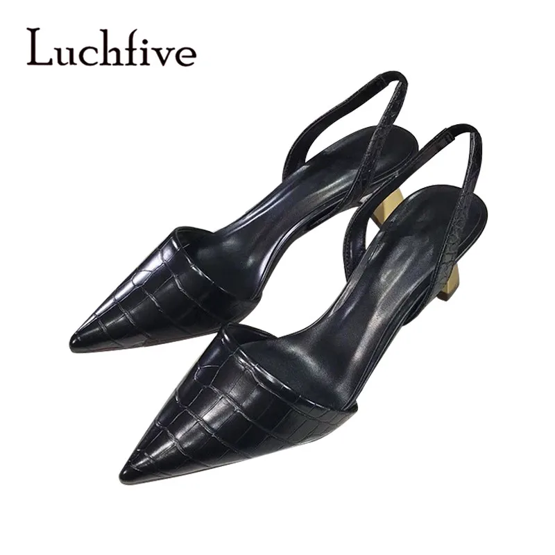 

Luchfive Cocrodile Leather Black Pointed Toe Slingbacks Gold Kitten Heel Basic Pumps Formal Ladies Career Shoes Women