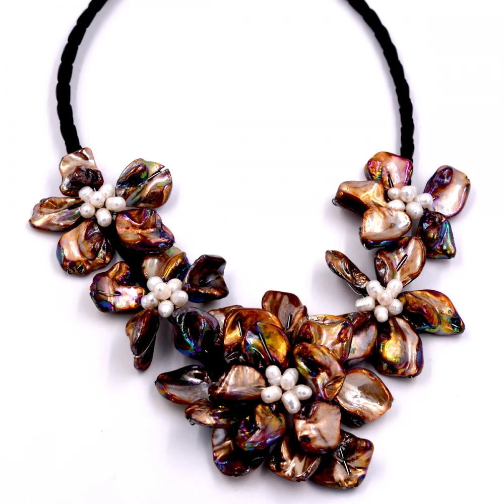 

2017 Lady Women white pearl brown baroque mother of pearl 5 shell flowers chokers necklace female vintage jewelry