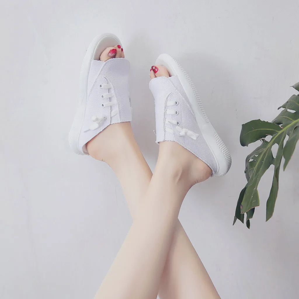 

2019 New Stylish Female-shoes Fashion Lady Wild Summer Canvas Open Toe Fish Mouth Flat Non-Slip Slippers Sapatos novos senhoras