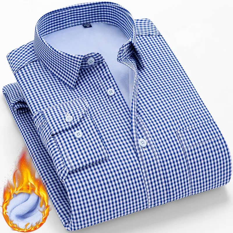

2018 Fashion Plaid Mens Shirts Design Winter Fall Warm Plus Velvet Shirt Casual Classic Gentleman Left Pocket Warm Cotton Shirt