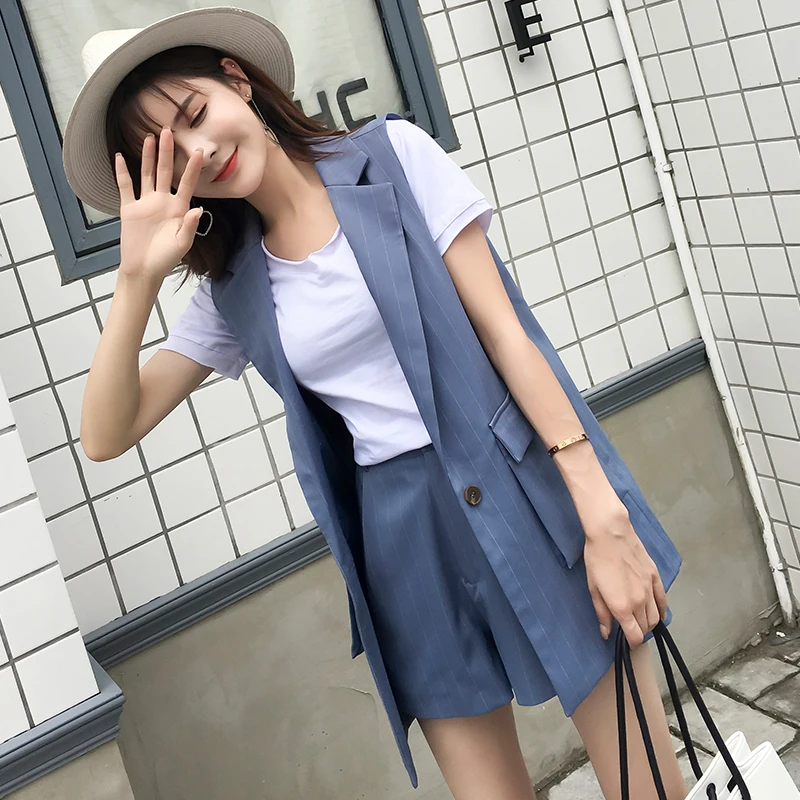 

Women suit female 2019 summer new style solid color stripes office ladies OL professional uniform vest + shorts two-piece suit