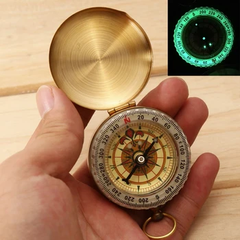 

Copper Clamshell Compass with Luminous Camping Survival Compass Military Waterproof Geological Keychain Compass Outdoor Tool