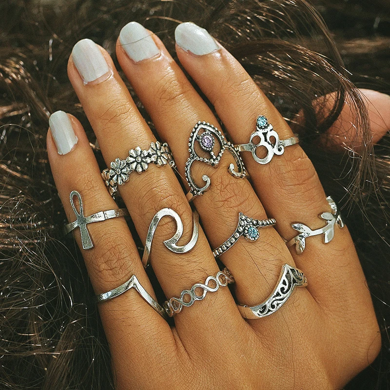 

10PCS/Set Bohemia Rings Set For Women Girl Vintage Crown Flower Crystal Wave Knuckle Rhinestone Rings Women Party Jewelry