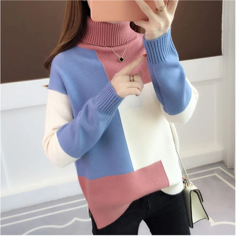 

Contrast Color Sweater Women Winter Long Sleeve Jumper Women Sweater Turtleneck Pullover Knitted Sweater Female Hem split ends