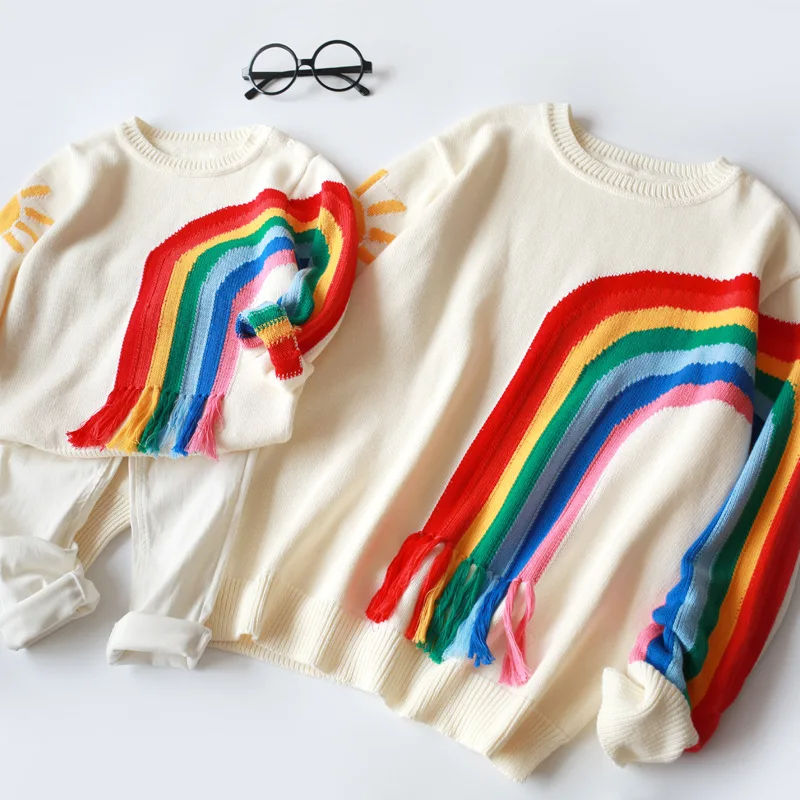 Family Matching Clothing Spring Winter Mother Daughter Son Clothes Rainbow Sweater Costume Sun Cloud Pattern Wool Knitting