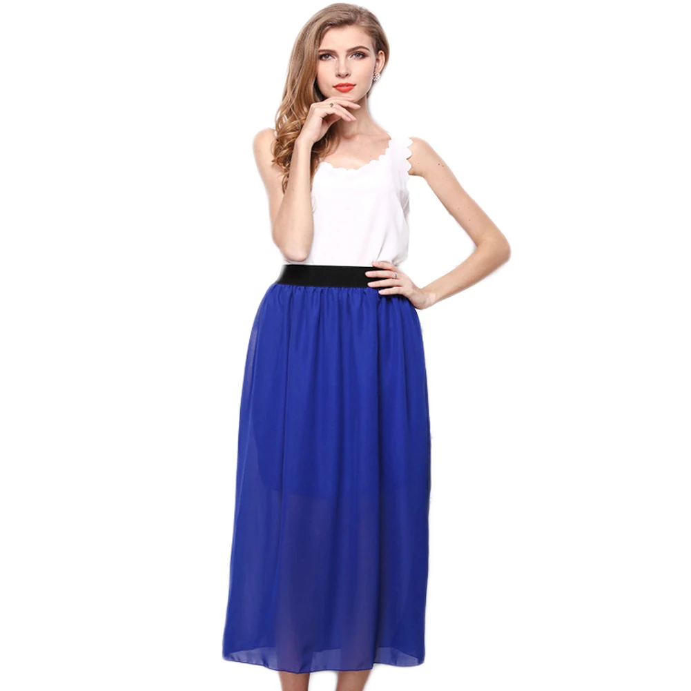 Women Chiffon Long Skirt Black Green Red Womens Skirts Double Layer Elastic Waist Maxi Elegant Style Summer Casual Skirts