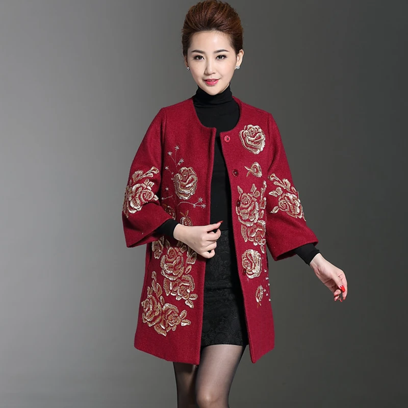 

Middle-aged Women's Wool Coat Autumn And Winter Clothing National Embroidery Thick Woolen Black Red Coat Embroidered M To 4XL