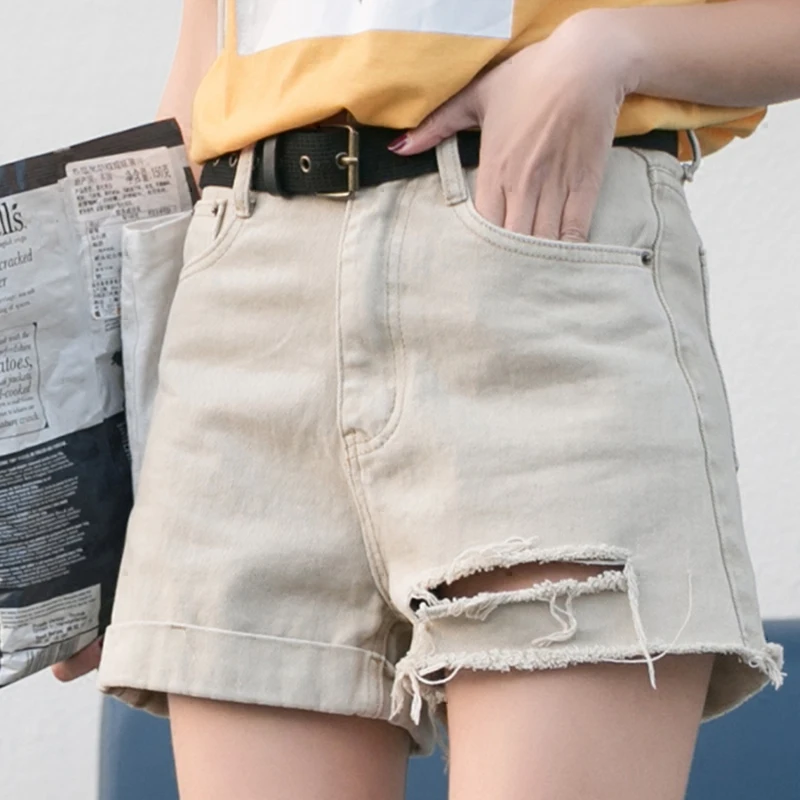 

2019 Summer Black White Hole Denim Shorts Female Loose Personality Raw Wide Leg Denim Shorts D18