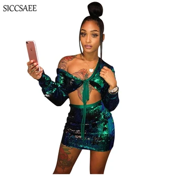 

Sexy Club Dresses For Women Long Sleeve Deep V Neck Crop Top Pencil Mini Midi Sequins Patchwork Two Piece Bodycon Bandage Dress