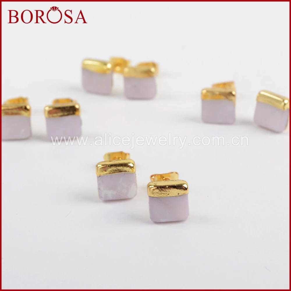 

BOROSA 10Pairs Gold Color 7mm Square Natural White Shell Stud Earrings for Women, Fashion Druzy Drusy Earrings Wholesale G1363
