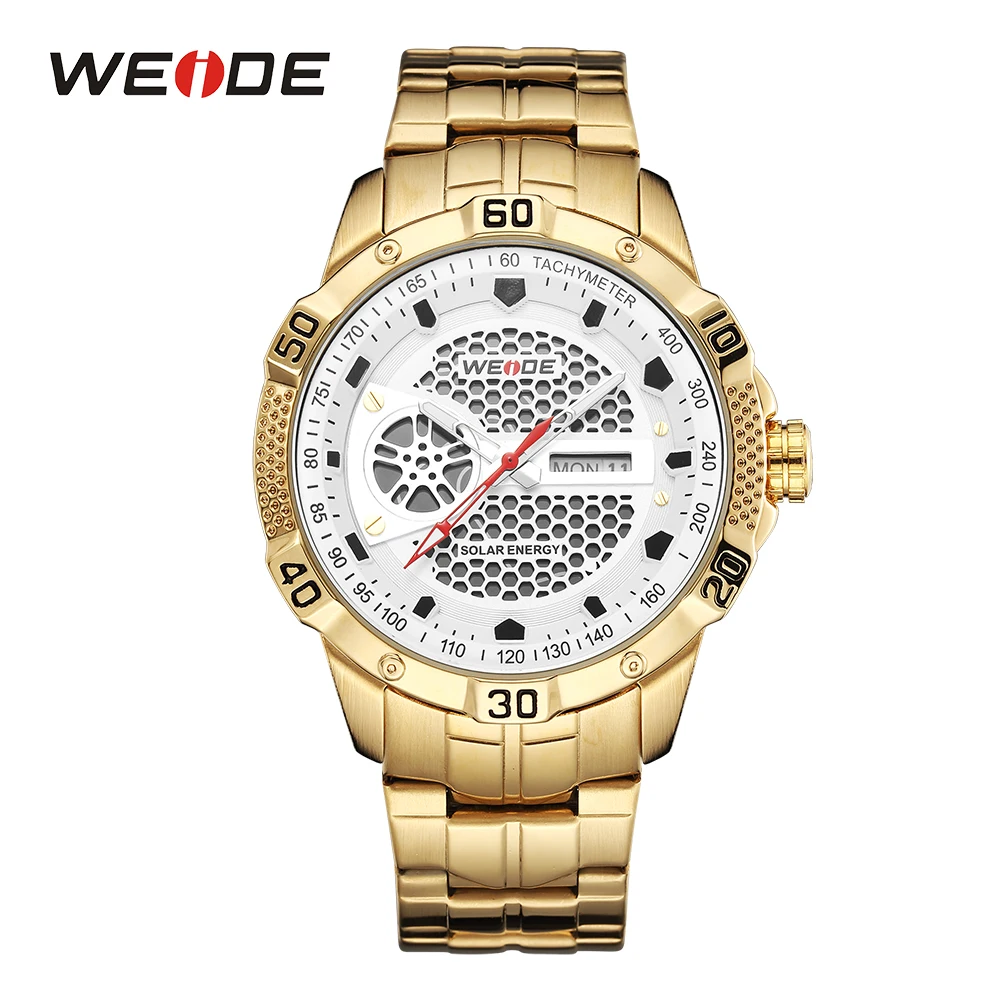 

WEIDE Mens Sports Solar Energy drived Automatic Date Week Display Gold metal Strap belt Wristwatches Male Relogios Masculinos
