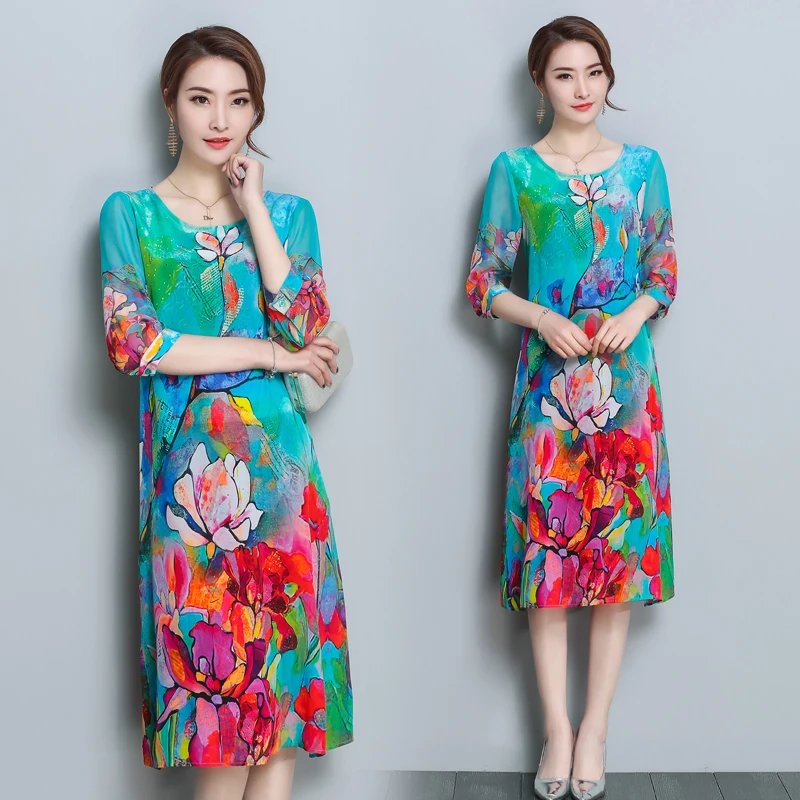 Новое Женское весенне-летнее платье с рукавом из шелка и принтом vestidos robe femme aa272