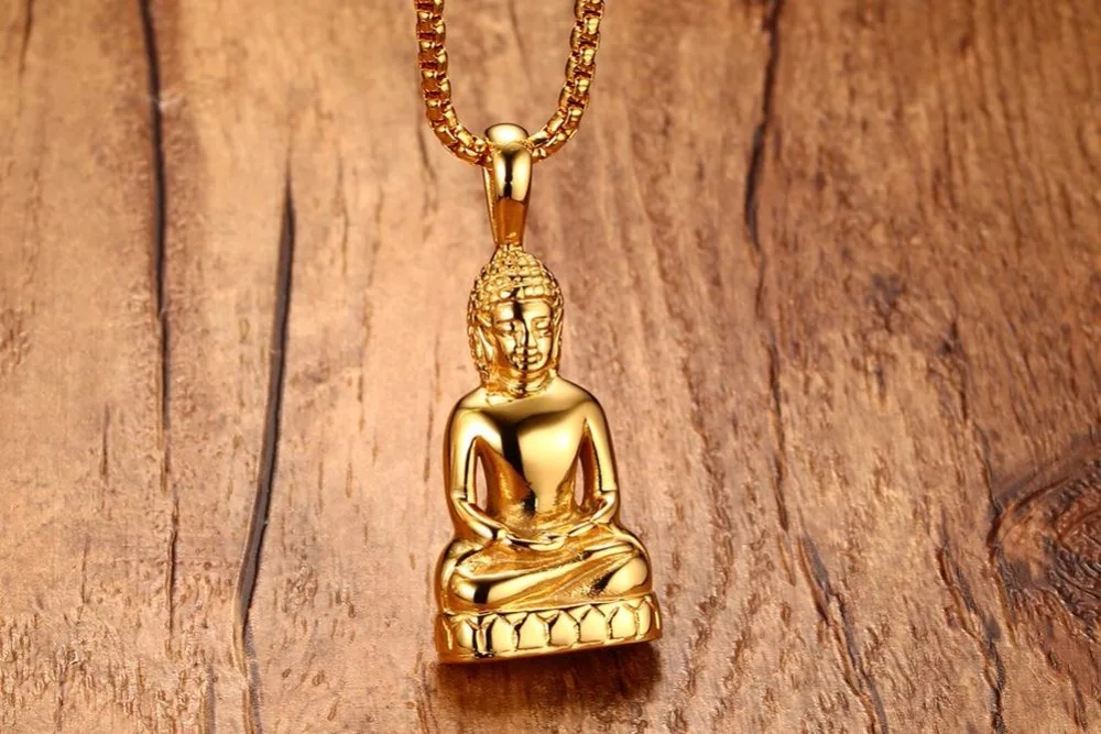 Mens Womens Buddha Pendant Necklace Bodhisattva Amulet Talisman Necklaces in Gold-color Stainless Steel Fashion Jewelry Men Accessories Fashion Jewelry Mens Accessories collares collier colar choker 15