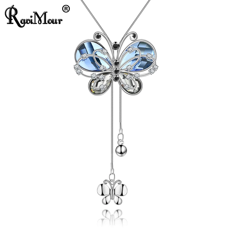 

RAVIMOUR Blue Crystal Necklaces & Pendants for Women Copper Long Chain Statement Necklace Female Choker Jewelry Accessories 2017