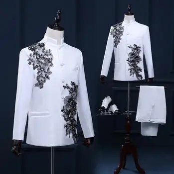 

Stand collar men blazer designs chinese tunic suit stage costumes for singers men blazer dance clothes jacket style dress white
