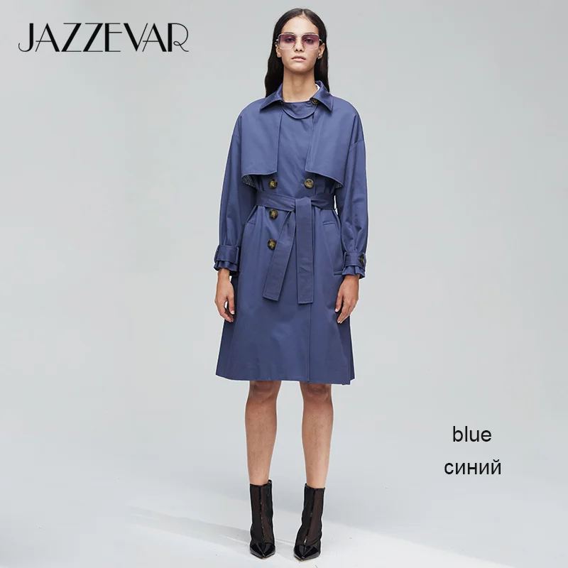 JAZZEVAR New arrival autumn khaki trench coat women casual long outerwear high quality cotton with belt fashion women 9009 - Цвет: blue LTS03