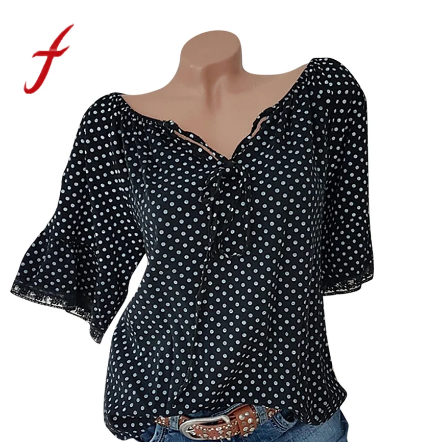 

Graphic tees women Summer loose Shirts Women's Polka Dot Sleeve Lace V-Neck Top Korean version tubetes festas 5xl femme knit top