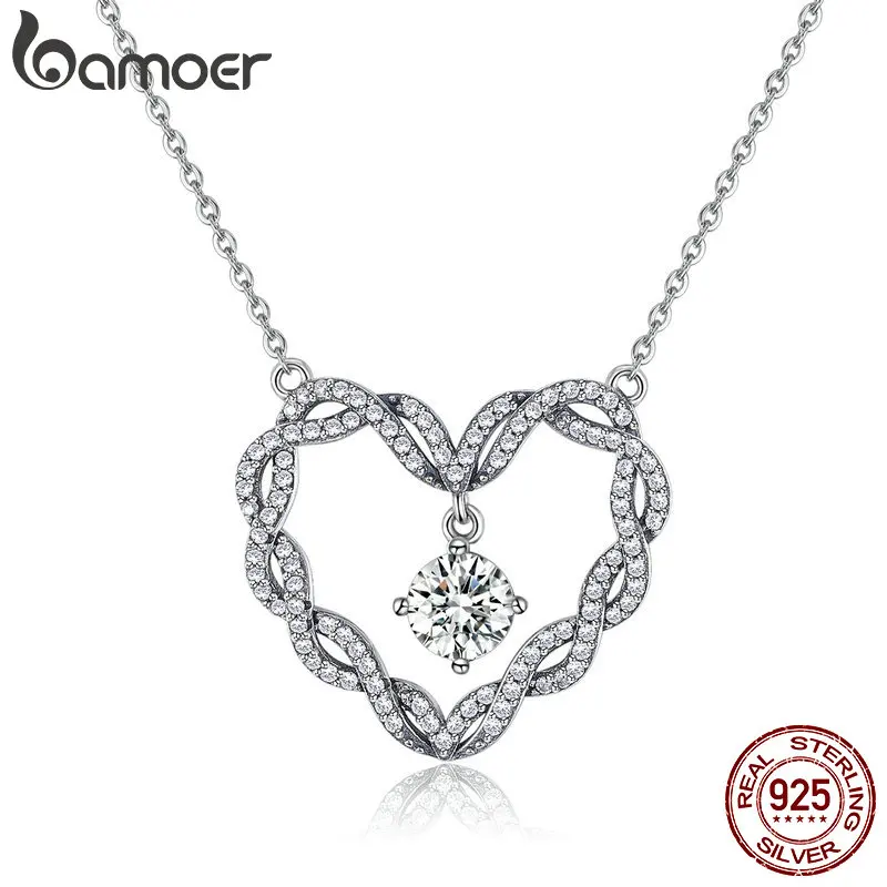 

BAMOER Real 925 Sterling Silver Minimalism Twisted Heart Shape Crystal Pendant Necklaces Women Sterling Silver Jewelry SCN260