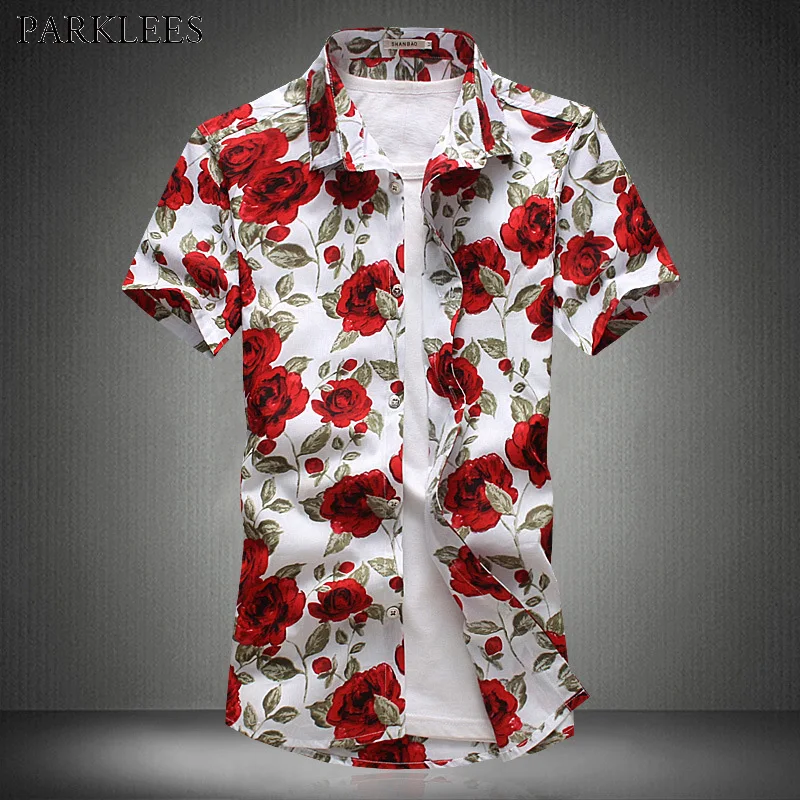 Rose Flower Print Short Sleeve Hawaiian Shirt Mens 2018 Summer New Slim ...