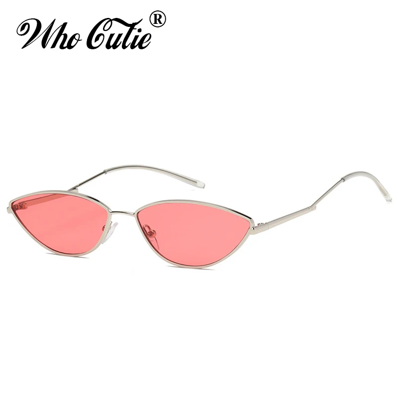 

WHO CUTIE 2018 Slim Cat Eye Retro Sunglasses Women Brand Designer 90s Vintage Pink Yellow Red Lens Tiny Sun Glasses Shades OM613