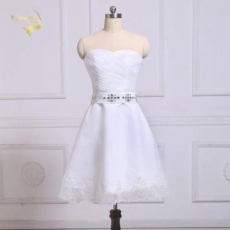 

Jeanne Love Organza Knee Length Cocktail Dresses 2019 Belt With Crystals Lace White Sweetheart Party Dress Plus Size JO002942
