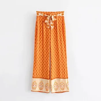 

2019 Summer Floral Print Color Matching Casual Long Pants Women Bow Lace-Up Wide Leg Pants High Female Trousers