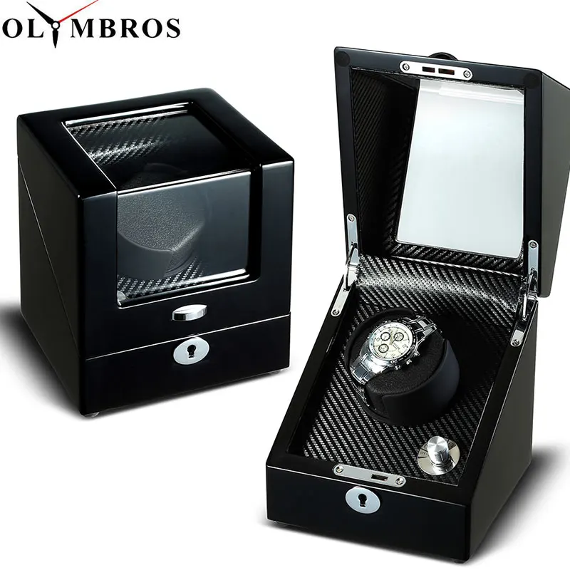 

Single Watch Winders Wooden Lacquer Piano Glossy Black Carbon Fiber Quiet Motor Storage Display Watches Box EU/US Plug