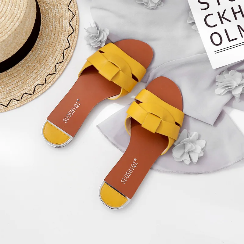 Женские домашние тапочки; летние пляжные шлепанцы на плоской подошве; повседневные женские туфли на плоской подошве; роскошная дизайнерская обувь из натуральной кожи на плоской подошве - Цвет: Yellow