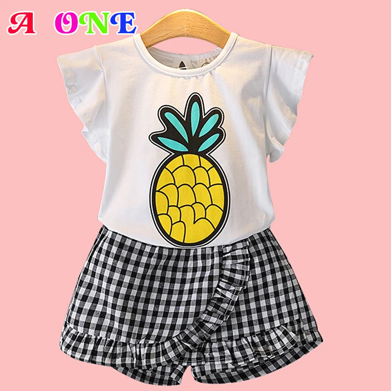 Summer pineapple print baby girls Tee shirt+check shorts kids 2 pcs set ...