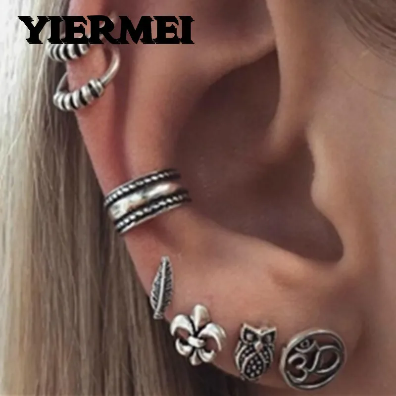 

6PCS Boho Earrings Set Feather Buddha Owl Leaves Ancient Tibetan Silver Stud Earrings For Women New Vintage Beach Jewelry