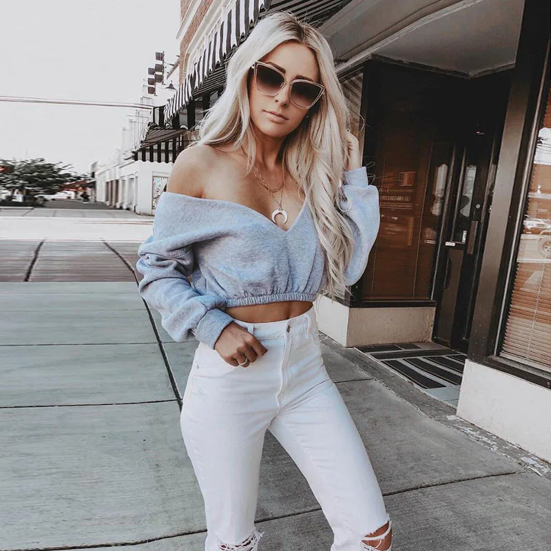 Women Sexy V Neck Cropped Hoodies Loose Solid Sweatshirt Fashion Autumn