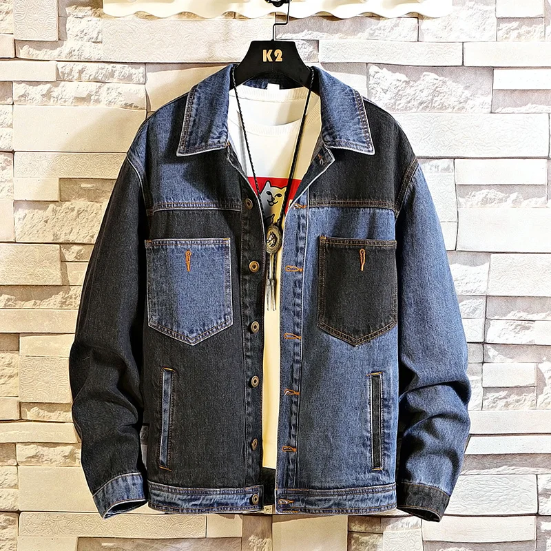 

5XL-M Loose Men Jeans Jackets Autumn New Patchwork Color Denim Mens Jacket Long Sleeve Turn Down Collar Front Pocket Windbreaker