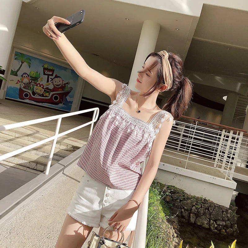 

Mishow women 2019 summer plaid Lace pink sleeveless blouse square collar short shits tassel sexy casual female tops MX18B4620