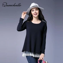 Кружевная Лоскутная свободная хлопковая Футболка Весна О-образный вырез с длинным рукавом Повседневная футболка s для женщин 3XL размера плюс женские топы темно-синего цвета