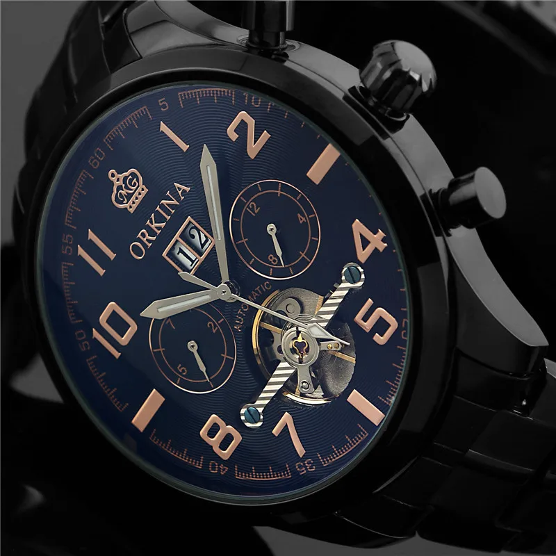 Orkina Mens Watches Top Brand Luxury Gold Black Steel Month Date Day Automatic Self Mechanical Watch