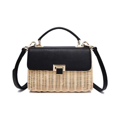 Высококачественная женская сумка ручной работы из ротанга, плетеная натуральная кожа, замша, кожа, украшение, модная сумка-почтальон, ротанговая сумка, деревянная сумка - Цвет: black