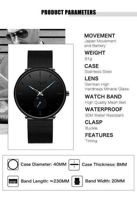 CIVO Fashion Watch Men Waterproof Slim Mesh Strap Minimalist Wrist Watches For Men Quartz Sports Watch Clock Relogio Masculino -