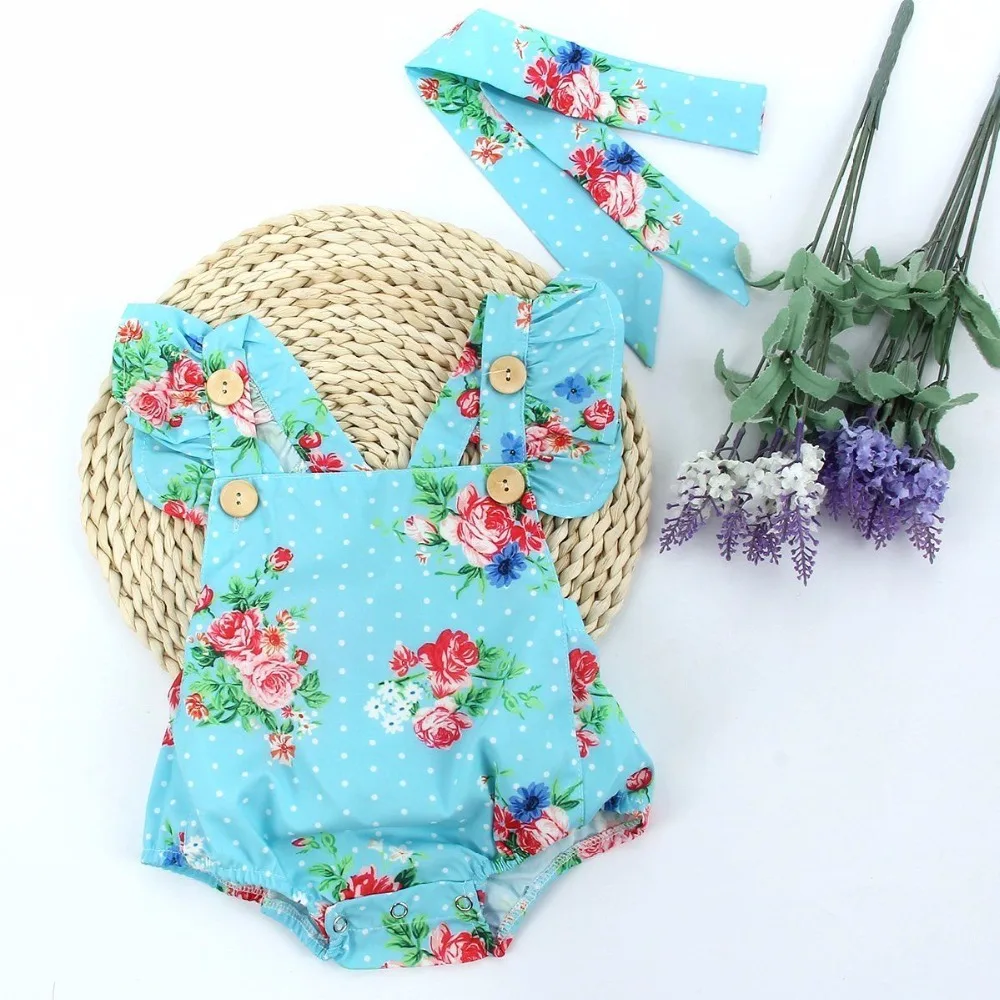 Newborn Baby Girls Clothes Tops Flower Jumpsuit Bodysuit Short Sleeve Flower Headband 2pcs Outfits Baby Girl 0-18M