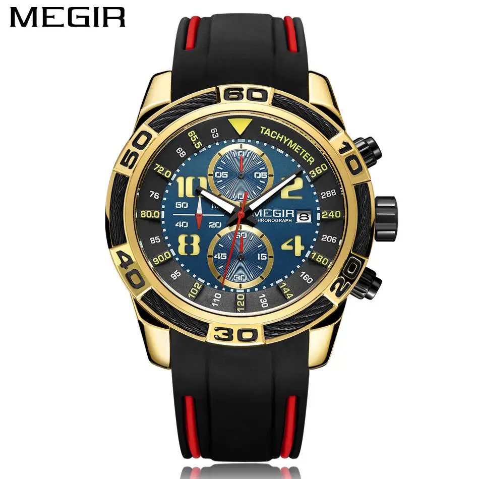 Megir Мужские Аналоговые кварцевые часы с хронографом, светящиеся стрелки, водонепроницаемые, силиконовый ремешок, армейские военные наручные часы для мужчин - Цвет: Золотой