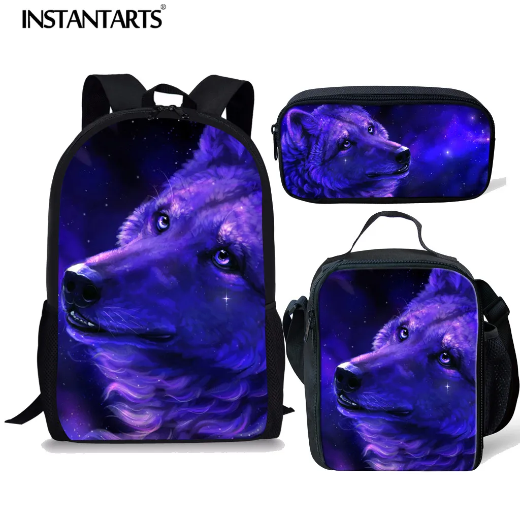 

INSTANTARTS Purple Space Star Galaxy Wolf School Backpack Student School Bag Pretty Children Schoolbag 3pcs Set Girl Boy Satchel