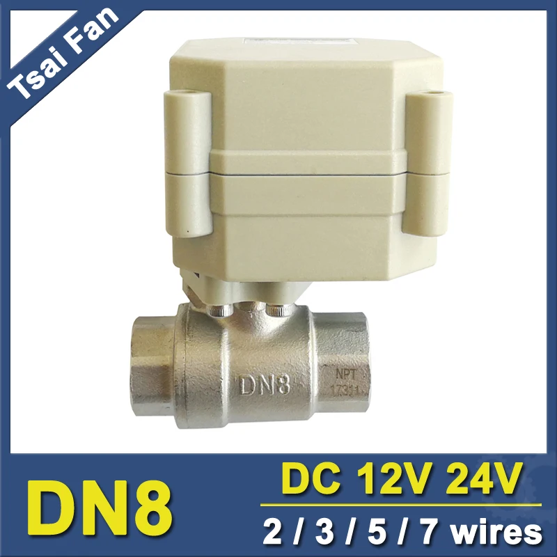 

Tsai Fan DC12V DC24V BSP/NPT 1/4'' Electric Water Valve 2/3/5/7 Wires Stainless Steel DN8 Motorized Valve Metal Gears
